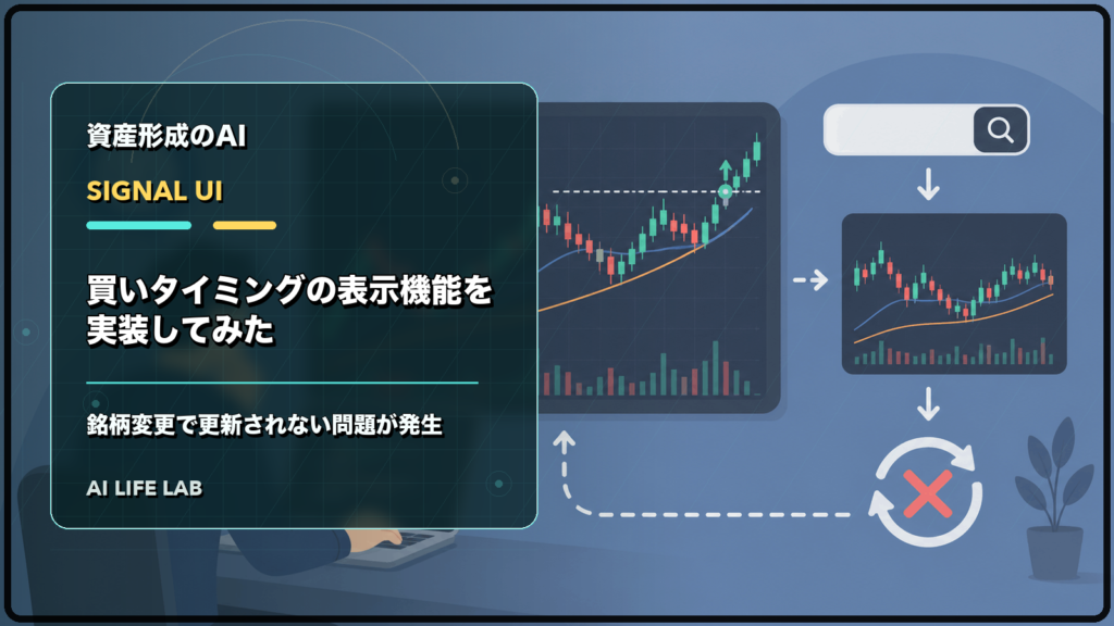 AIで株式投資ツールの買いタイミング表示機能を実装し、銘柄変更で更新されない問題を整理するイラスト