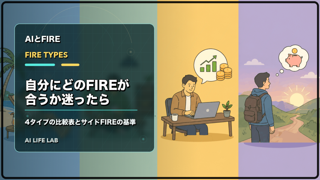 自分にどのFIREが合うか迷ったとき、4タイプの比較表とサイドFIREを選んだ基準を整理するイラスト