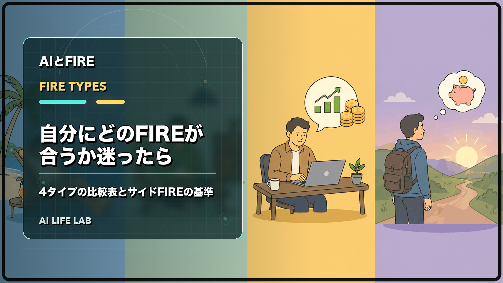 自分にどのFIREが合うか迷ったとき、4タイプの比較表とサイドFIREを選んだ基準を整理するイラスト