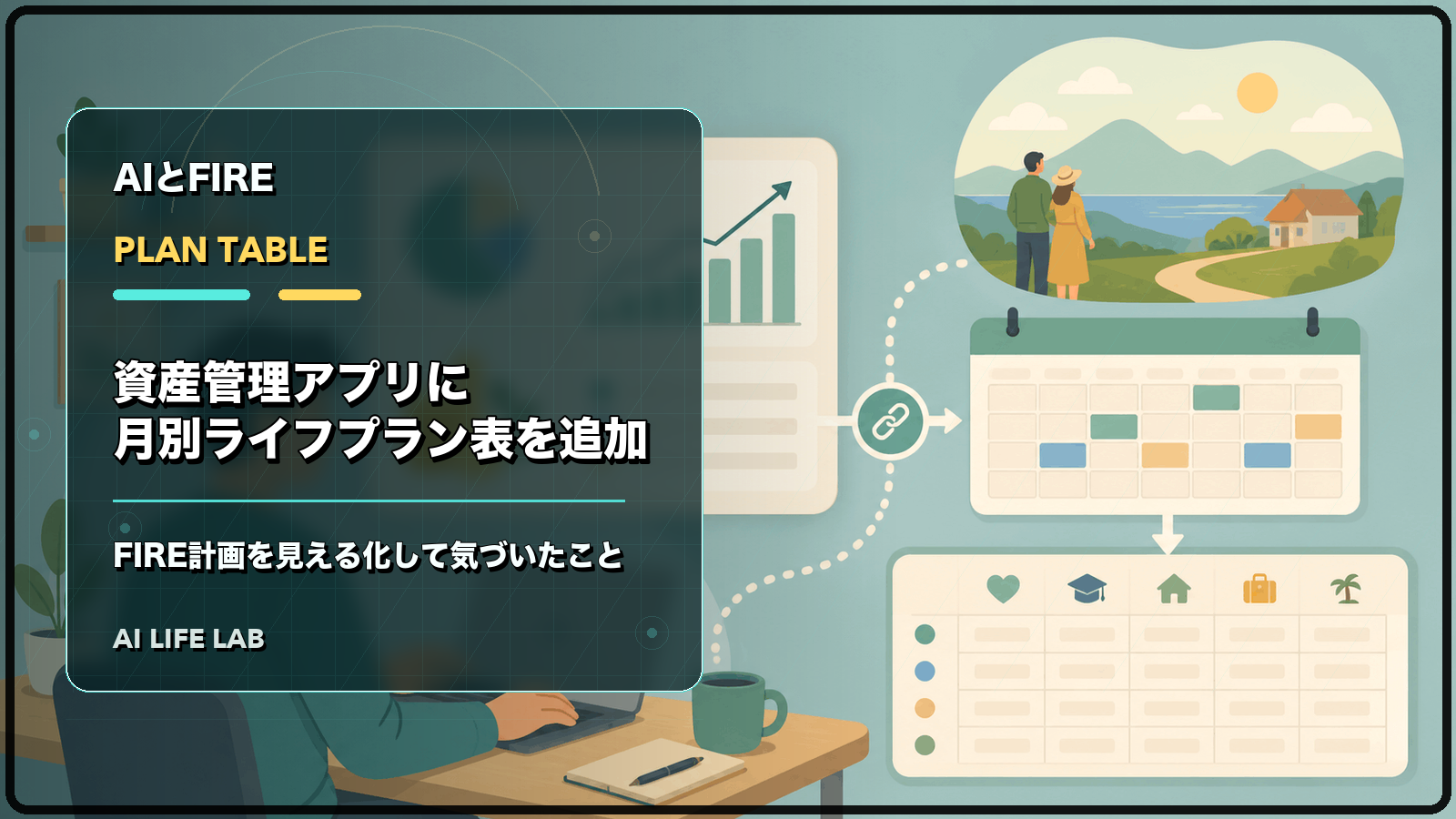 AIで資産管理アプリに月別ライフプラン表を追加し、FIRE計画を見える化するイラスト