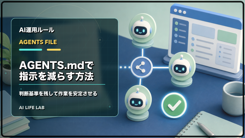 AGENTS.mdに判断基準を残し、AIコーディングの指示を減らして作業を安定させるイラスト