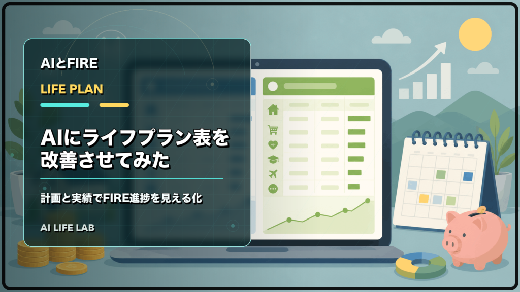 AIにライフプラン表を改善させ、計画と実績を分けてFIREの進捗を見える化するイラスト
