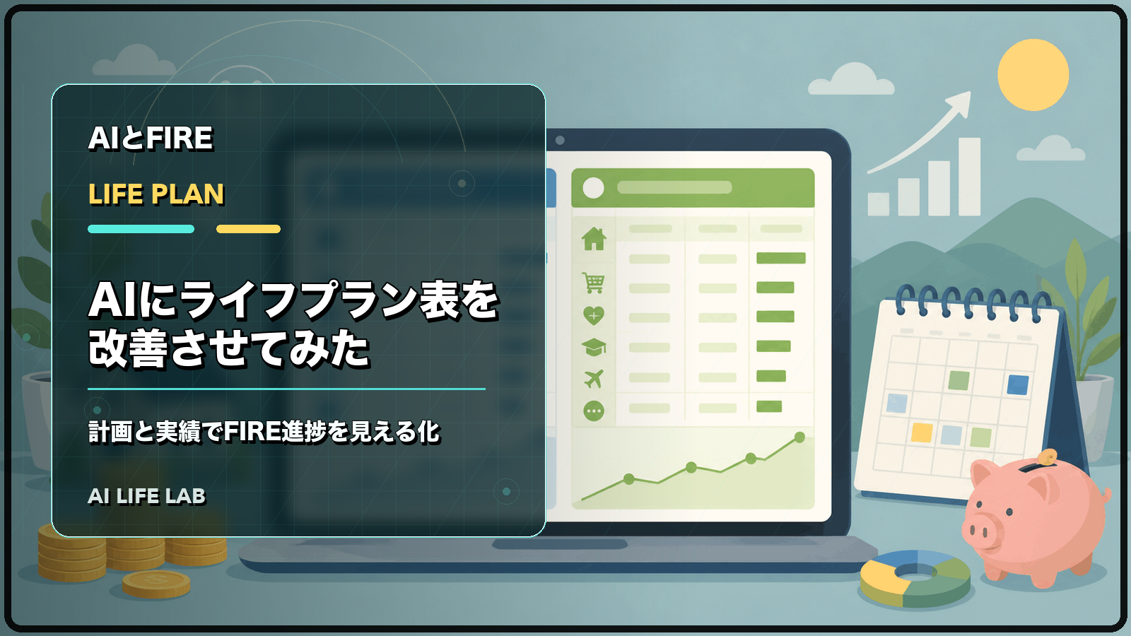 AIにライフプラン表を改善させ、計画と実績を分けてFIREの進捗を見える化するイラスト