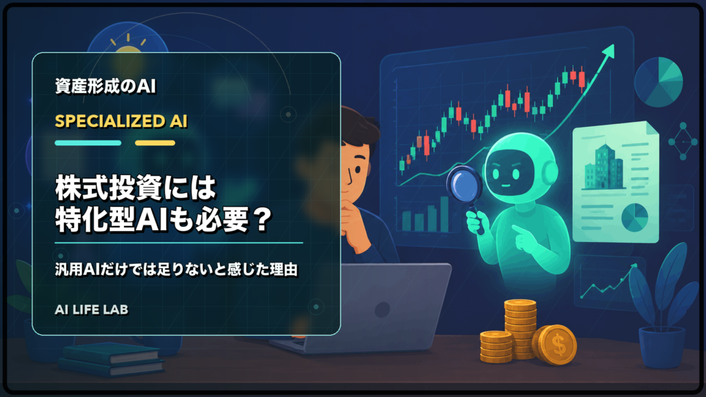 AIで株式投資をするなら特化型AIも必要か、汎用AIとの違いを整理するイラスト