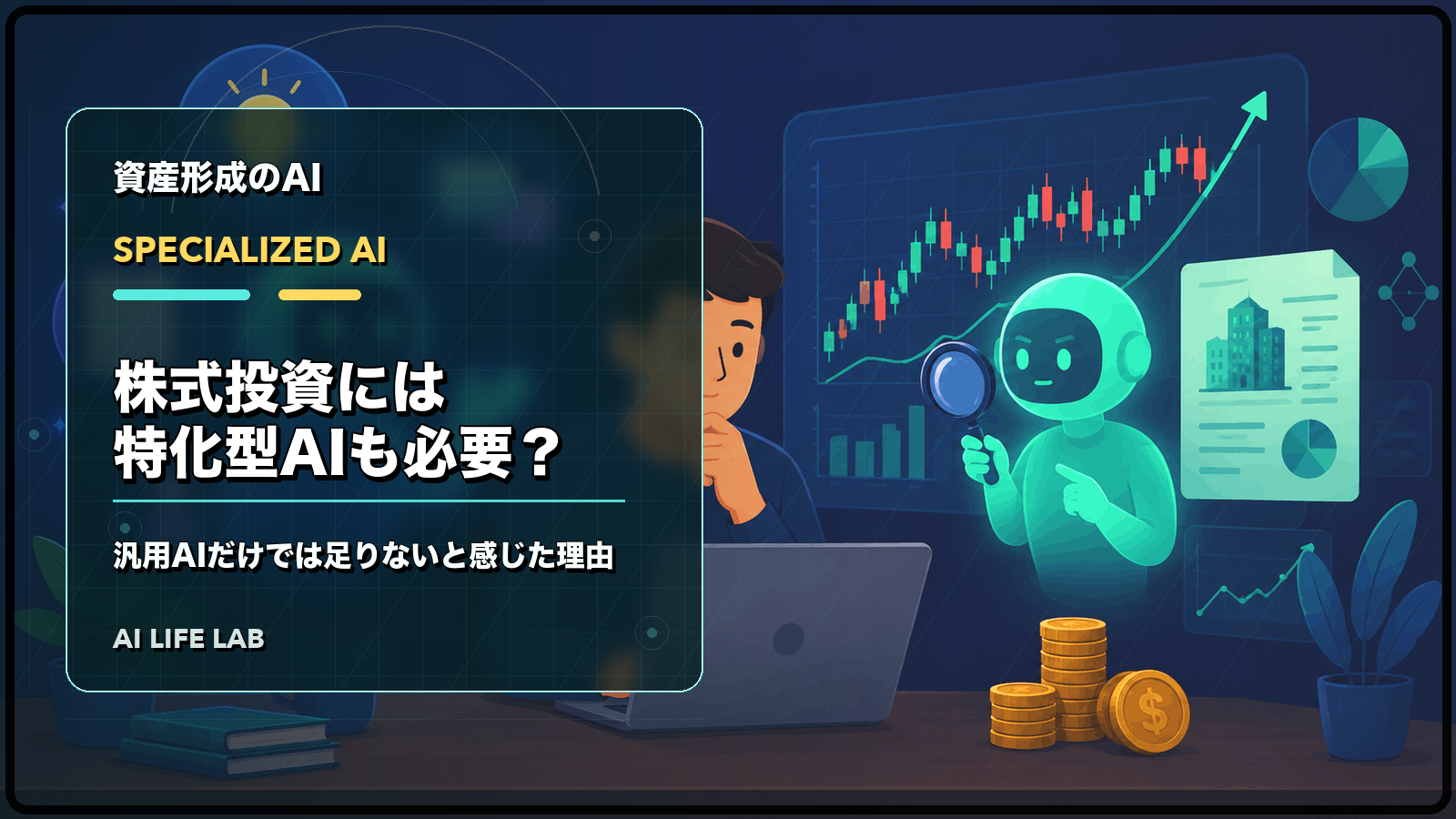 AIで株式投資をするなら特化型AIも必要か、汎用AIとの違いを整理するイラスト