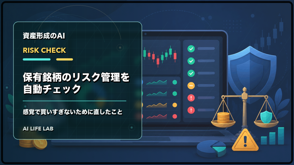 AI株式投資ツールで保有銘柄のリスク管理を自動チェックするイラスト