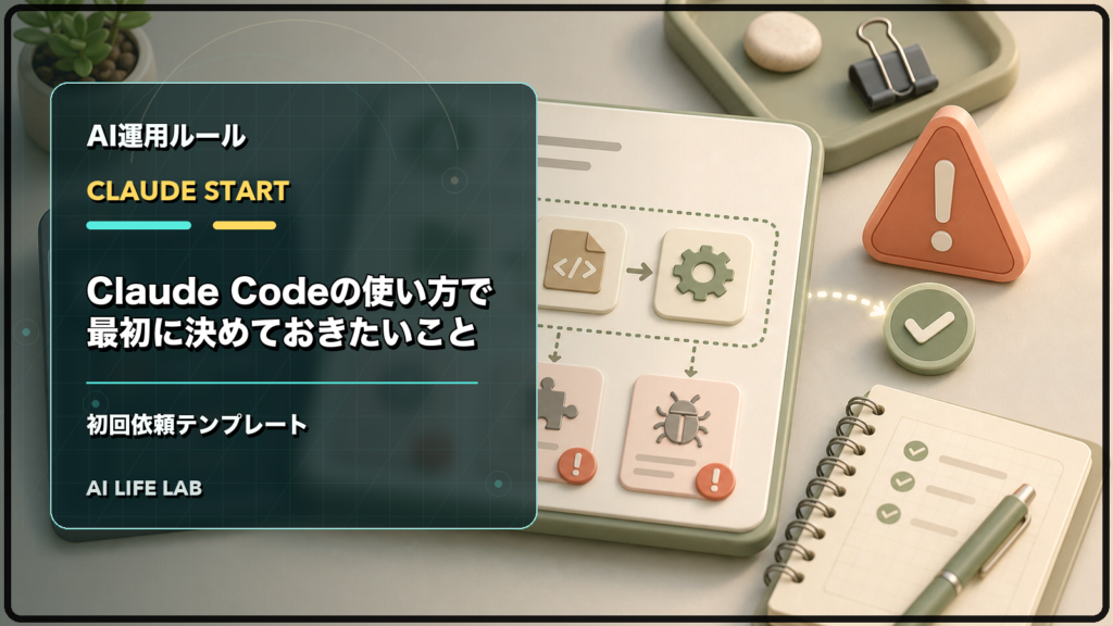Claude Codeの使い方で最初に決めておきたいことを、初回依頼テンプレートとして整理するイラスト