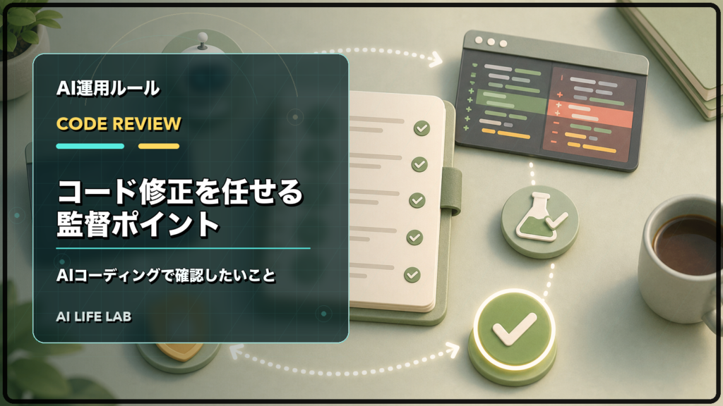 Codexでコード修正を任せるときに、AIコーディングの監督ポイントを確認するイラスト