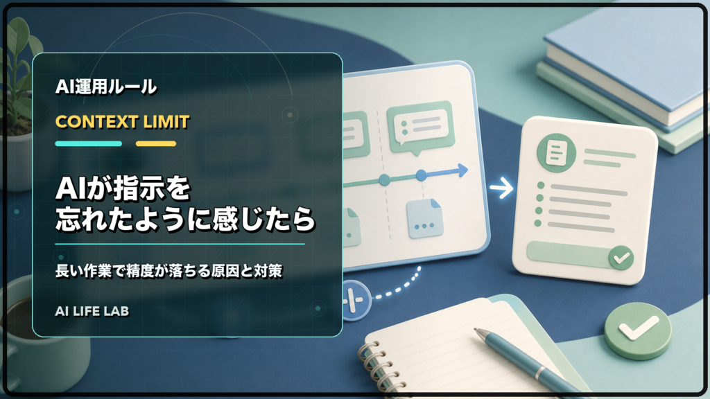 AIが指示を忘れたように感じたとき、長い作業で精度が落ちる原因と対策を整理するイラスト