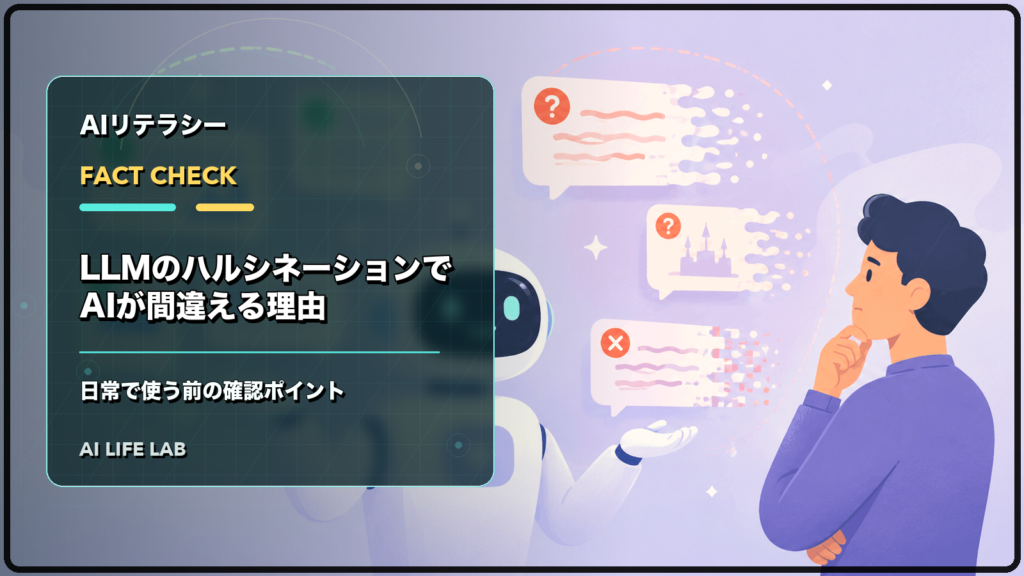 LLMのハルシネーションでAIが間違える理由と、日常で使う前の確認ポイントを整理するイラスト