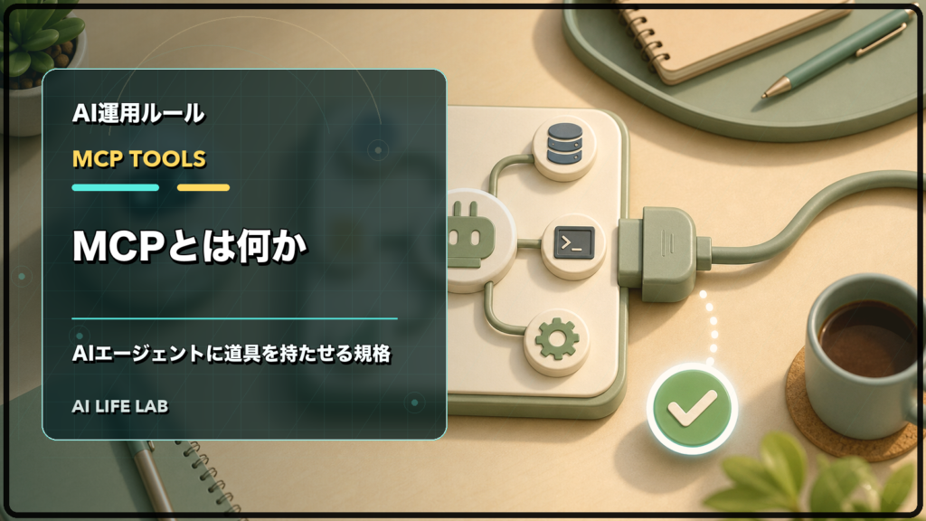 MCPをAIエージェントに道具を持たせる規格として整理するイラスト