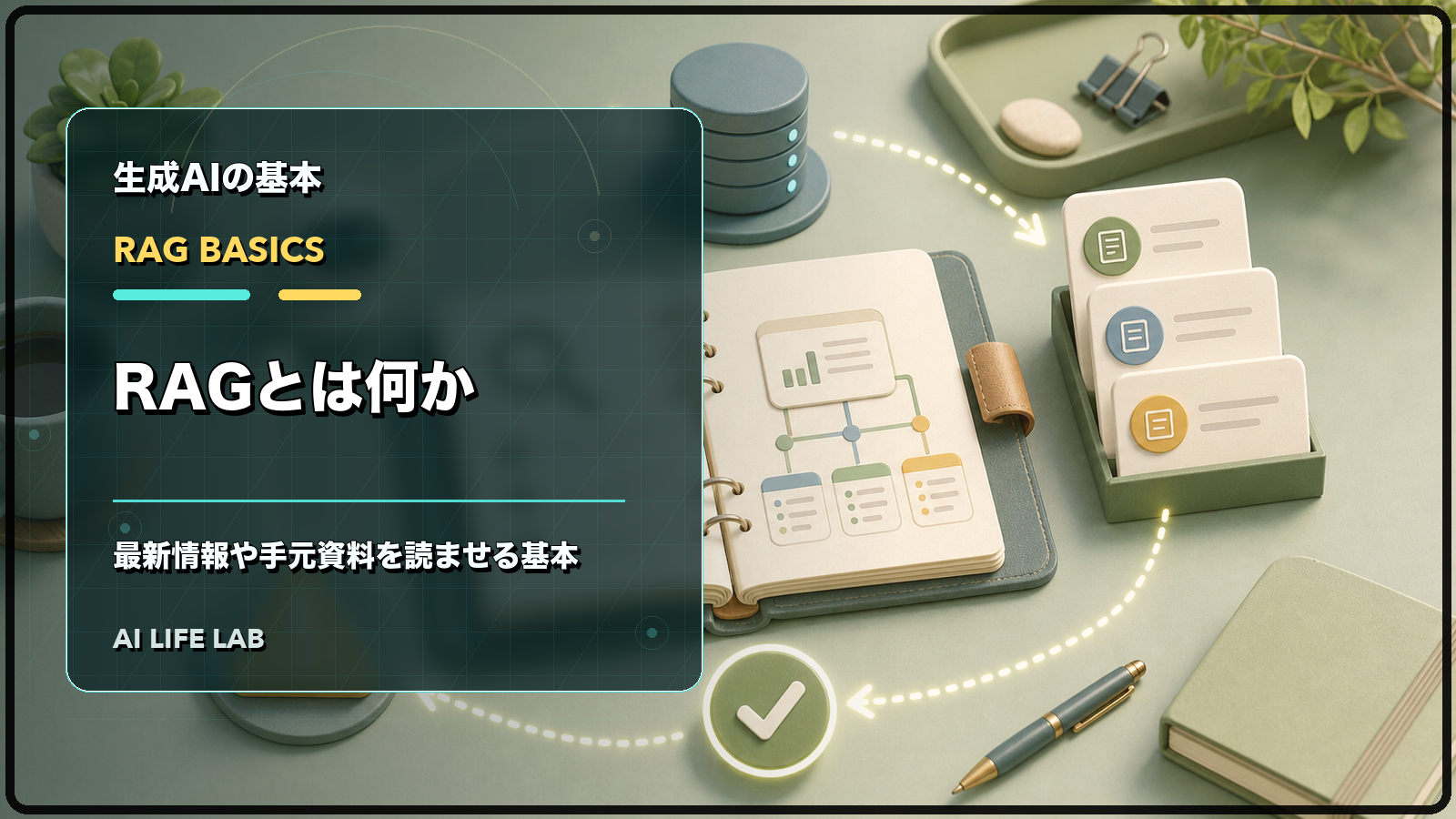 RAGでAIに最新情報や手元資料を読ませる基本を整理するイラスト