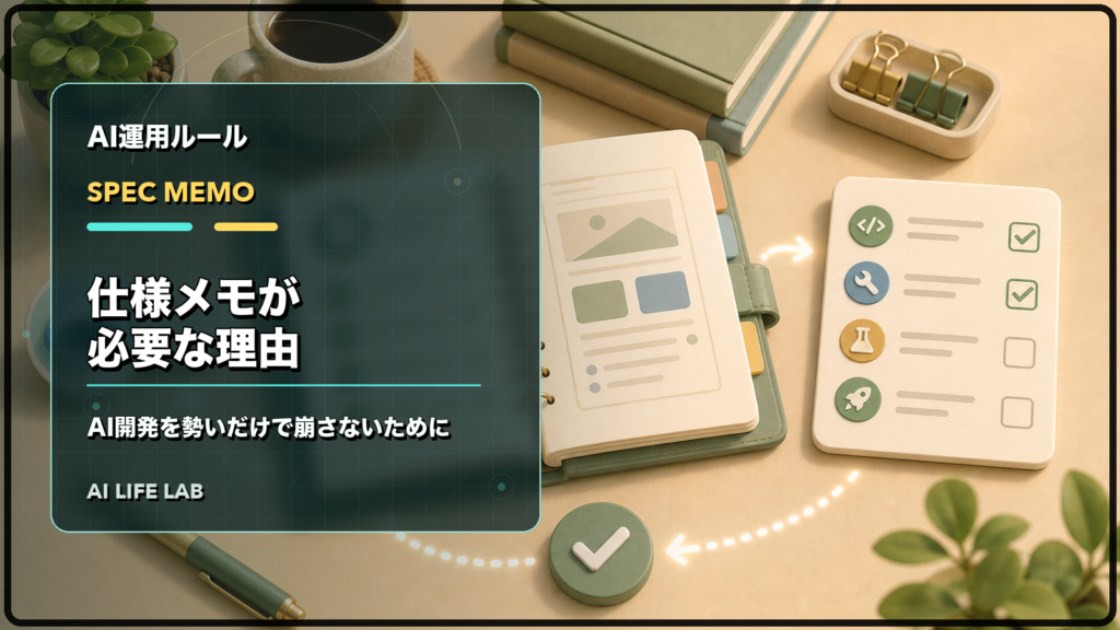 バイブコーディングで仕様メモを先に置き、AI開発を勢いだけで崩さないようにするイラスト