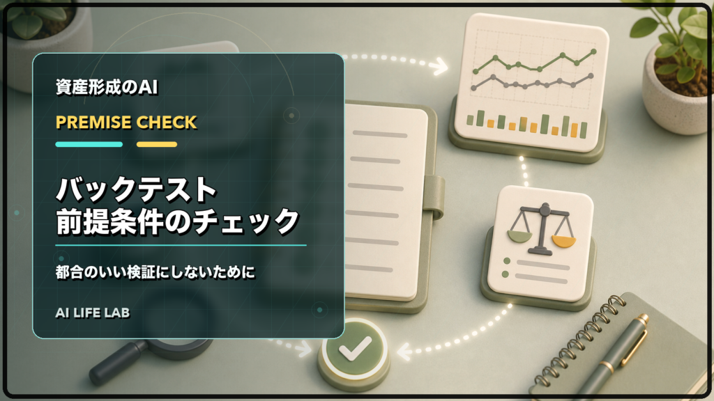 AI株式投資のバックテスト前提条件を、都合のいい検証にしないために確認するイラスト