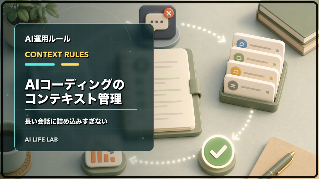 AIコーディングのコンテキスト管理で、長い会話に詰め込みすぎないよう整理するイラスト