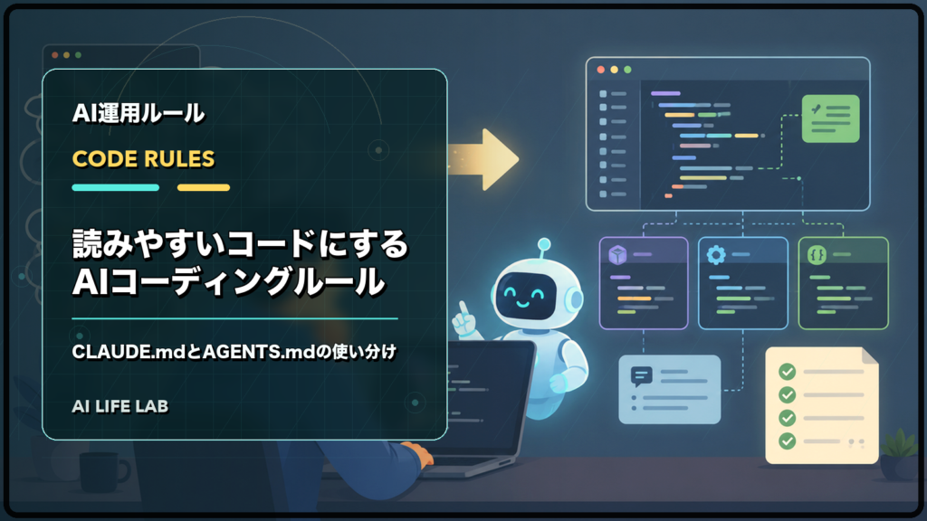 AIコーディングで読みやすいコードにするため、CLAUDE.mdとAGENTS.mdを使い分けるイラスト
