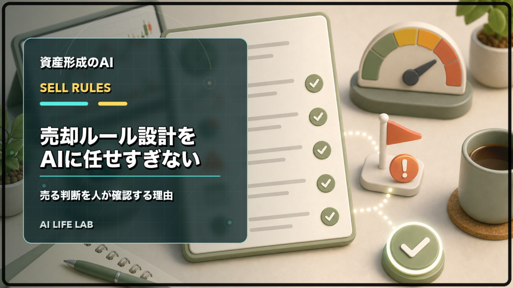 AI株式投資の売却ルールで、売る判断をAIに任せすぎず人が確認するイラスト