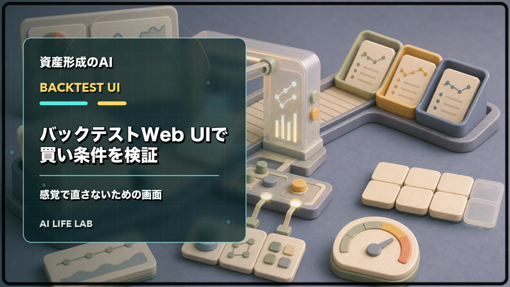 AI株式投資ツールのバックテストWeb UIで、買い条件を感覚で直さず検証するイラスト