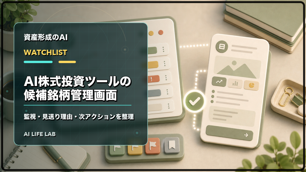 AI株式投資ツールの候補銘柄管理画面で、監視、見送り理由、次アクションを整理するイラスト