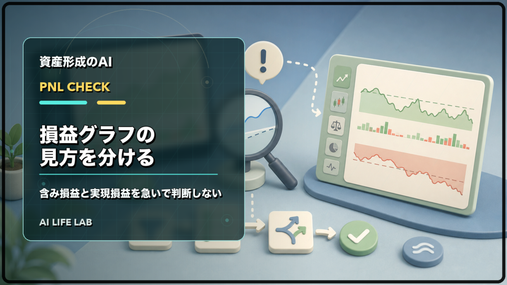AI株式投資ツールの損益グラフで、含み損益と実現損益を急いで判断しないよう確認するイラスト