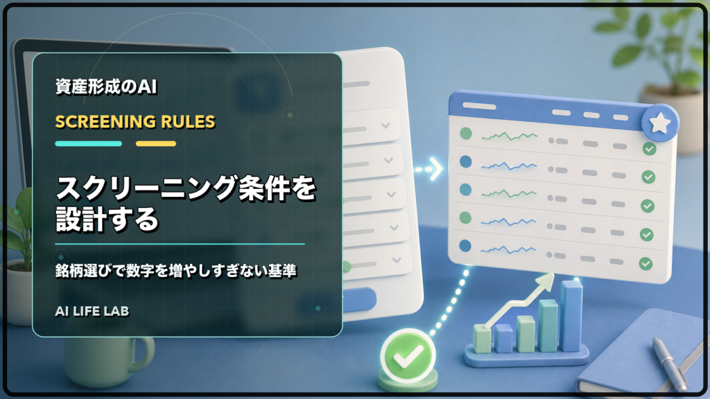 AI株式投資ツールのスクリーニング条件を設計し、銘柄選びで数字を増やしすぎない基準を示すイラスト