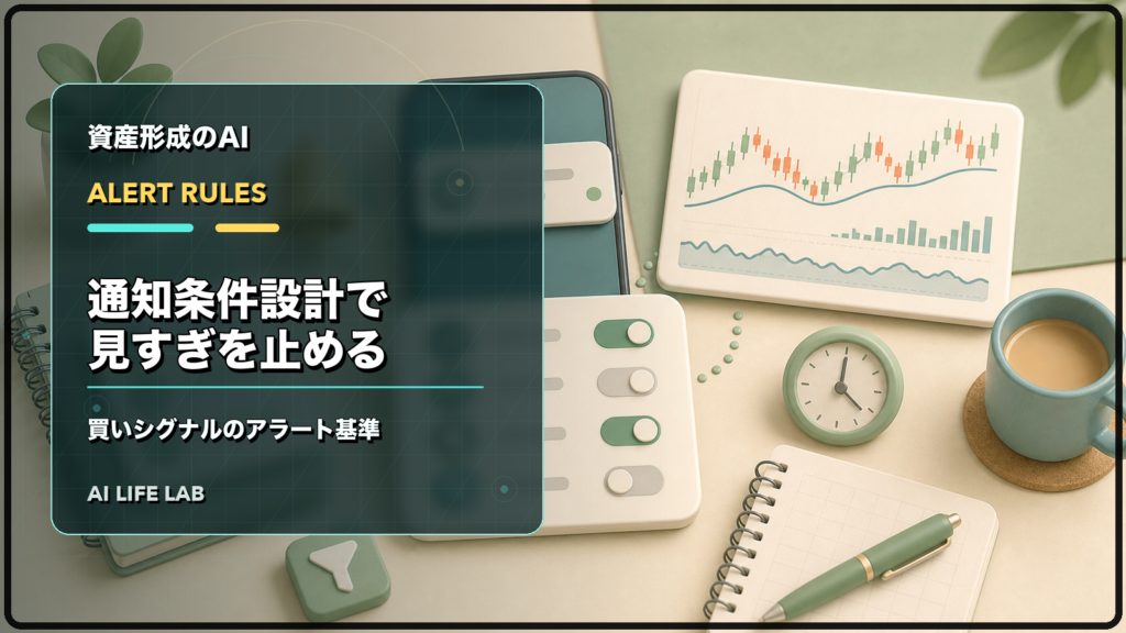 AI株式投資ツールの通知条件を設計し、買いシグナルを見すぎないための基準を整理するイラスト