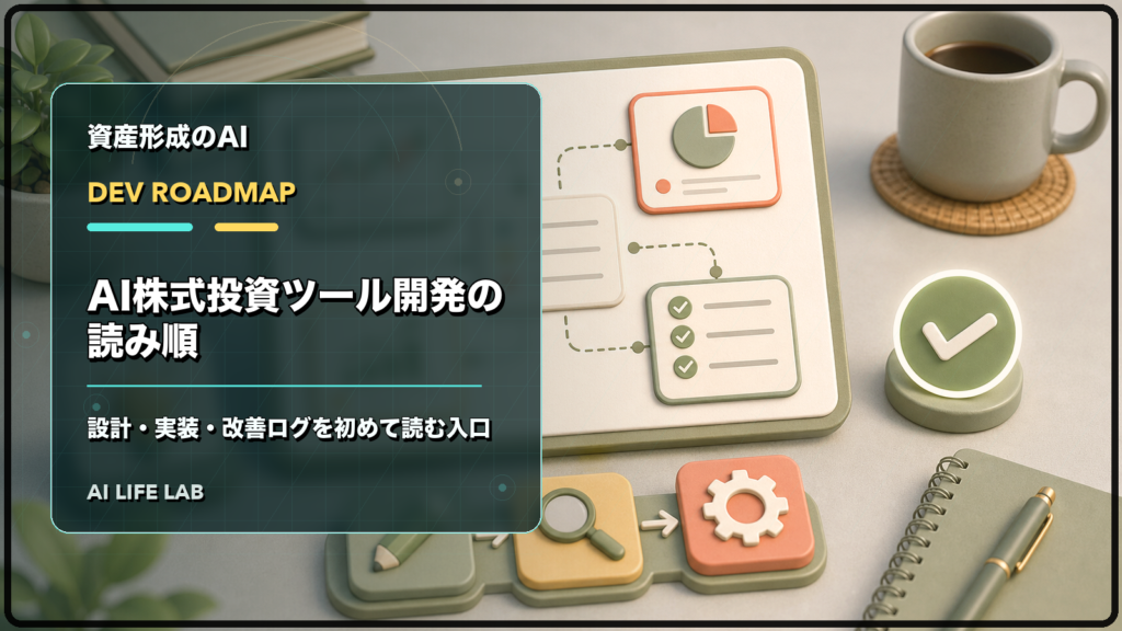 AI株式投資ツール開発の設計、実装、改善ログを順番に読む入口を示すイラスト