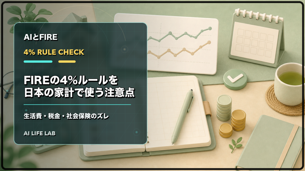 FIREの4%ルールを日本の家計に当てはめ、生活費、税金、社会保険のズレを確認するイラスト