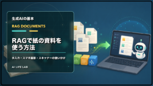 RAGで紙の資料を使うために、手入力、スマホ撮影、スキャナーを使い分けるイラスト