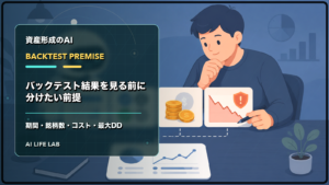 バックテスト結果をAIにまとめる前に、期間や銘柄数、コスト、最大DDを分けて確認するイラスト