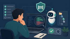 Claude CodeやCodexが変更したコードを人間が差分確認しているイラスト