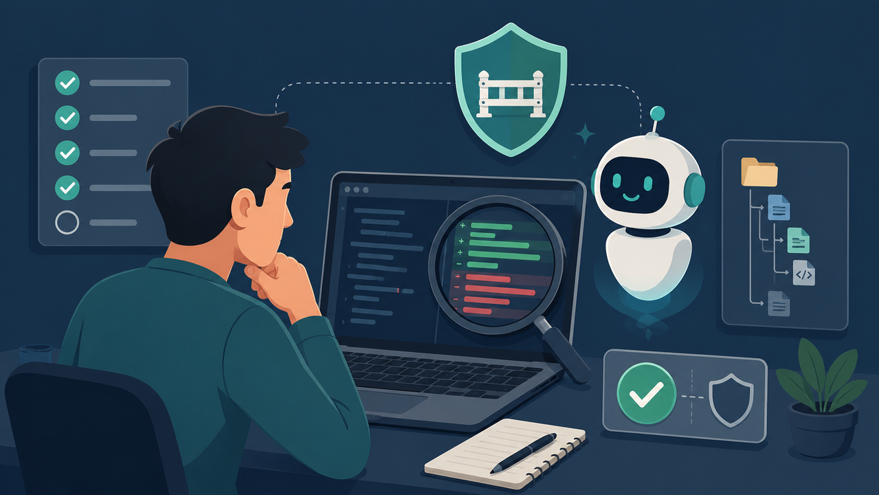 Claude CodeやCodexが変更したコードを人間が差分確認しているイラスト