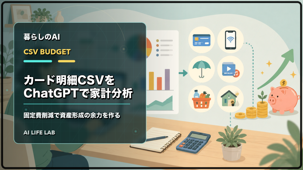 クレジットカード明細CSVをChatGPTで家計分析し、固定費を見直すイラスト