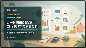 クレジットカード明細CSVをChatGPTで家計分析し、固定費を見直すイラスト