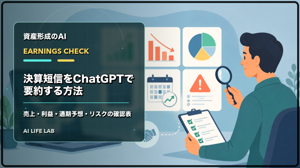決算短信をChatGPTで要約し、売上、利益、通期予想、リスクを確認表に分けるイラスト