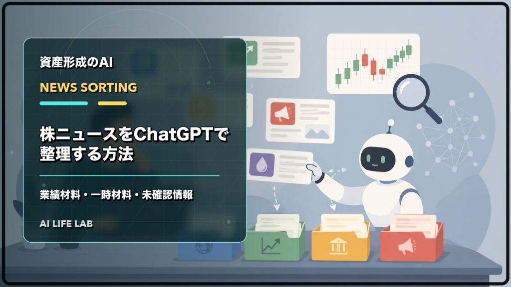 株ニュースをChatGPTで分類し、業績材料、一時材料、未確認情報に分けるイラスト