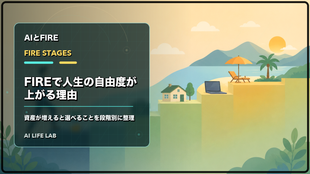 FIREで増える人生の自由度を段階別に整理するイラスト