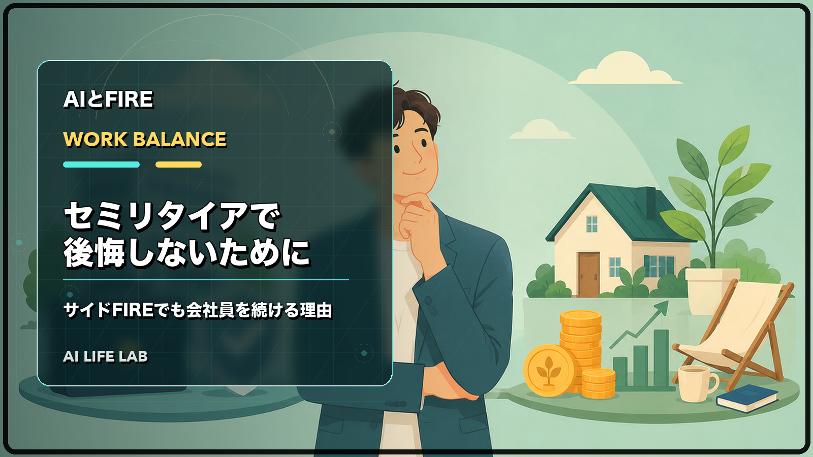 サイドFIREでも会社員を残す理由を、仕事と暮らしの間で考えるイラスト