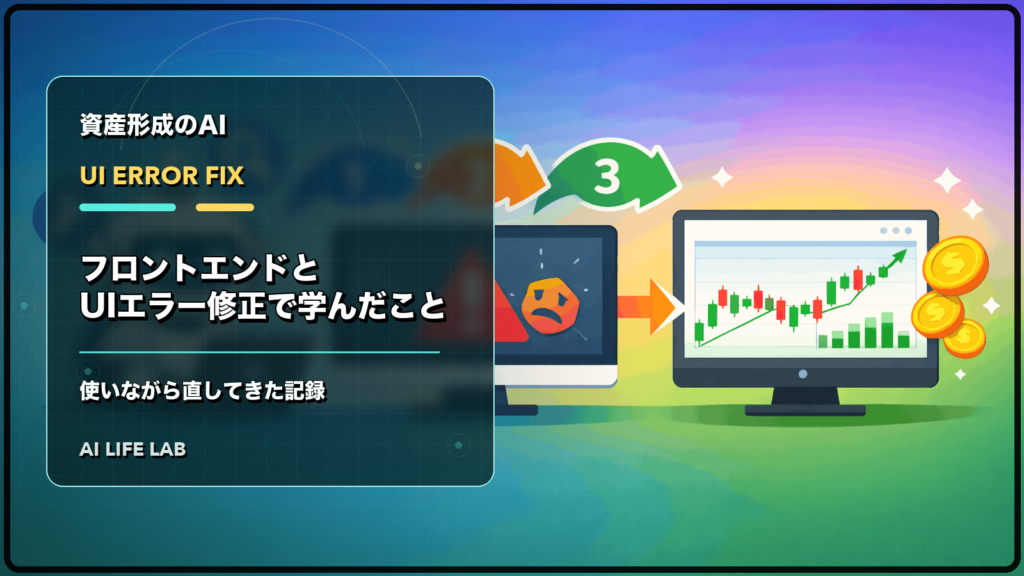 AI株式投資ツールのフロントエンドとUIエラー修正で学んだことを整理するイラスト