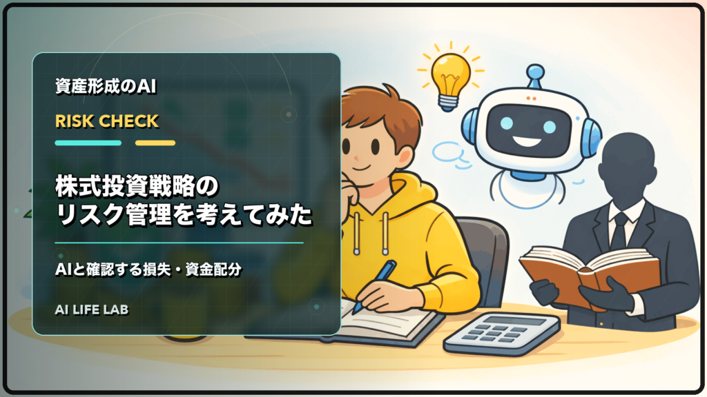 AIで株式投資戦略のリスク管理を考え、損失や資金配分を確認するイラスト
