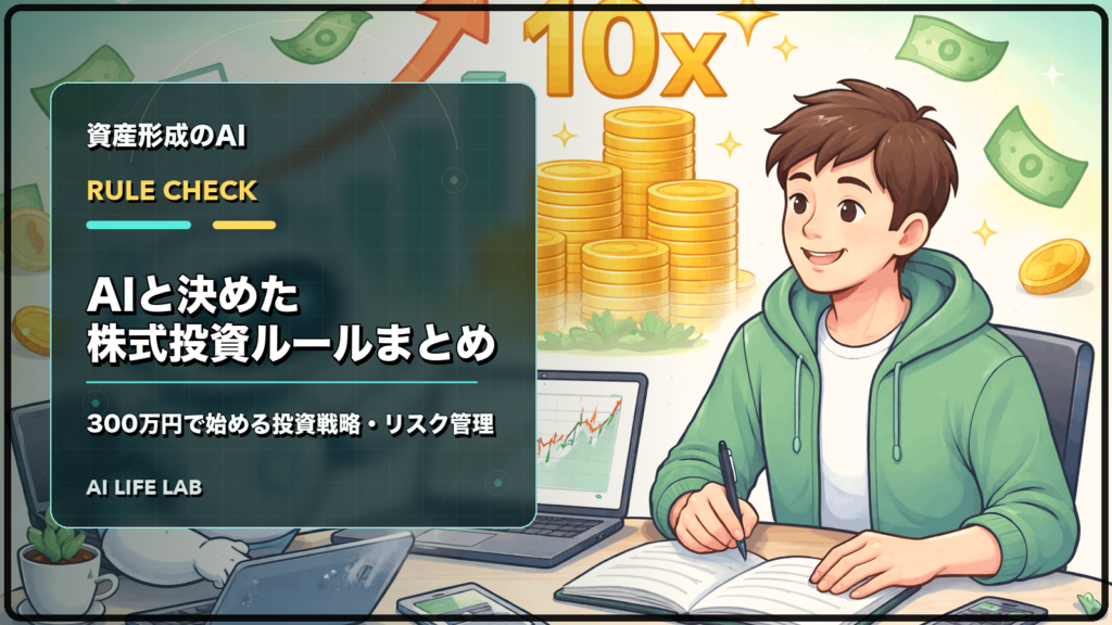 AIと決めた株式投資ルールまとめとして、投資戦略、リスク管理、売買ルールを整理するイラスト
