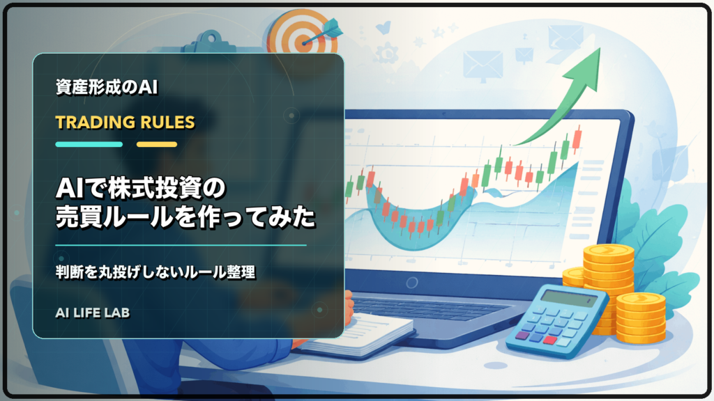 AIで株式投資の売買ルールを作り、判断を丸投げせず確認するイラスト