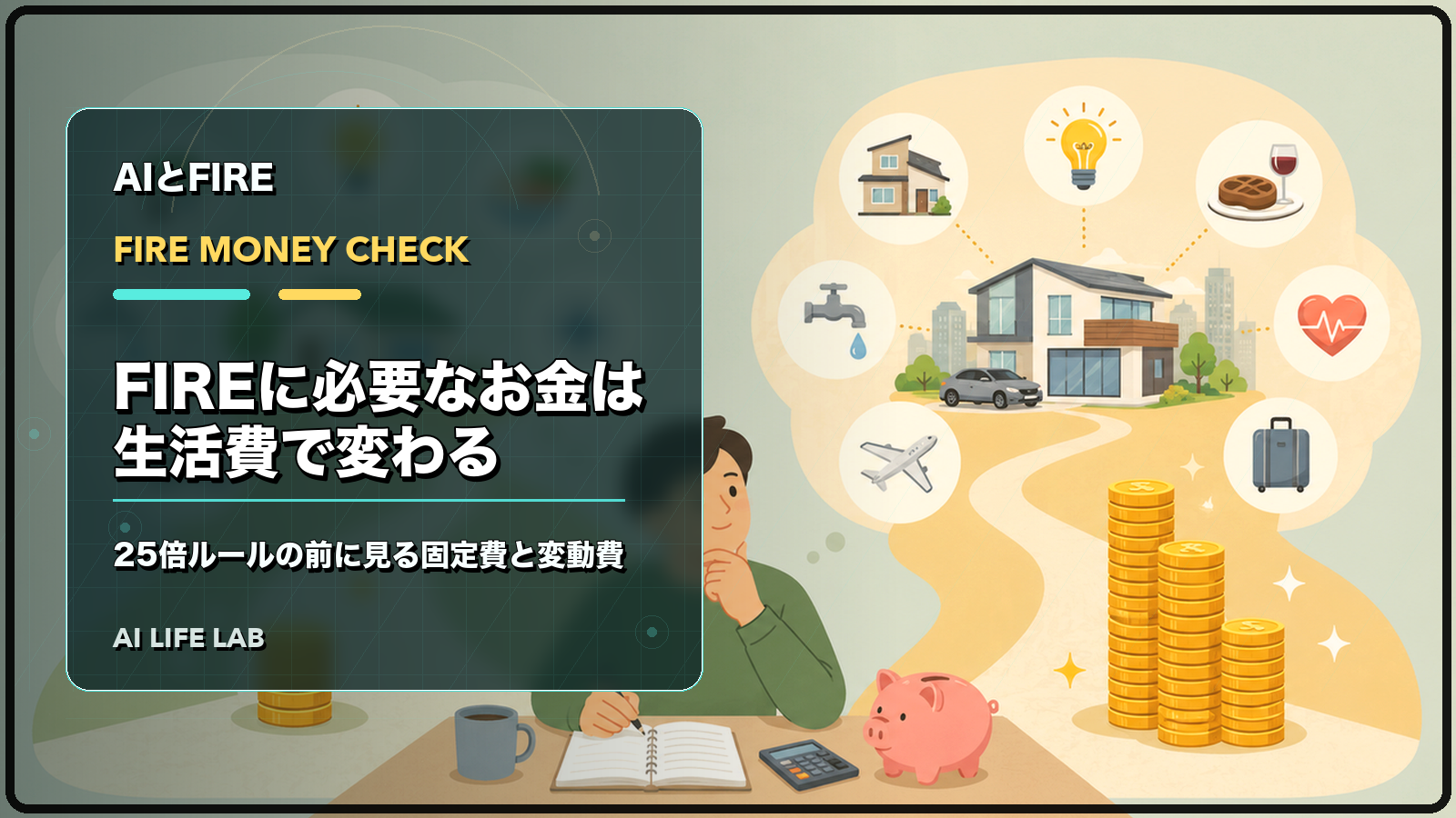 FIREに必要なお金を固定費と変動費に分けて確認するイラスト