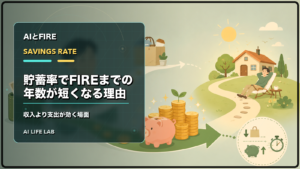 貯蓄率と生活費の見直しでFIREまでの距離を考えるイラスト