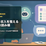 働き方と収入を整えるAI実験の読み順を、Claude Code、Codex、ChatGPT業務活用の入口として示すイラスト