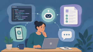 働き方と収入を整えるAI実験の読み順を表す、AIコーディングと業務確認のイラスト